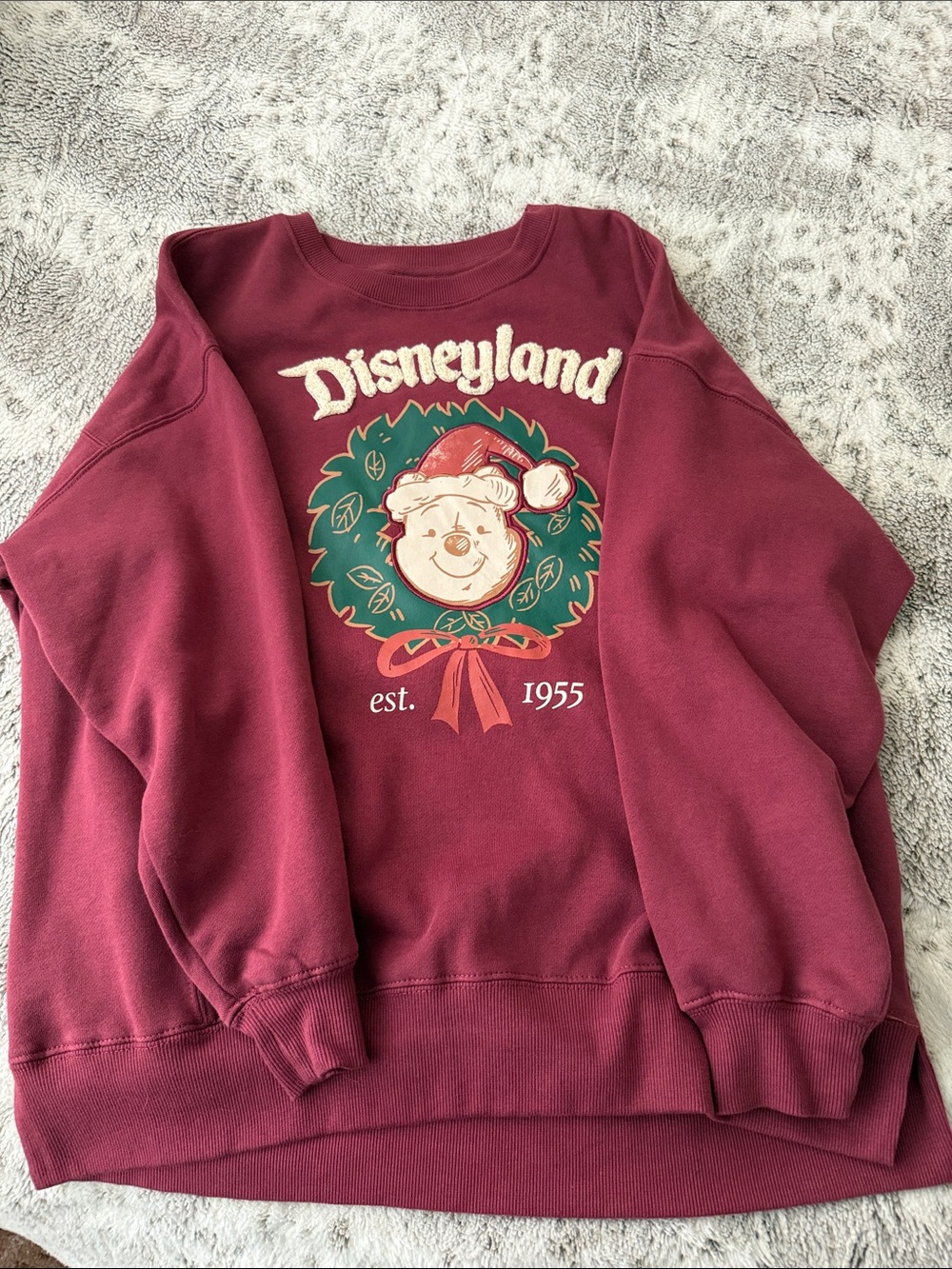 Disney Winnie the Pooh Burgundy Crewneck Sweatshirt with Festive Wreath Graphic